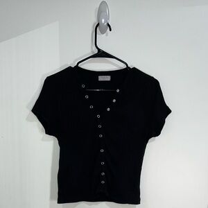Black V Neck Button Up Crop Top